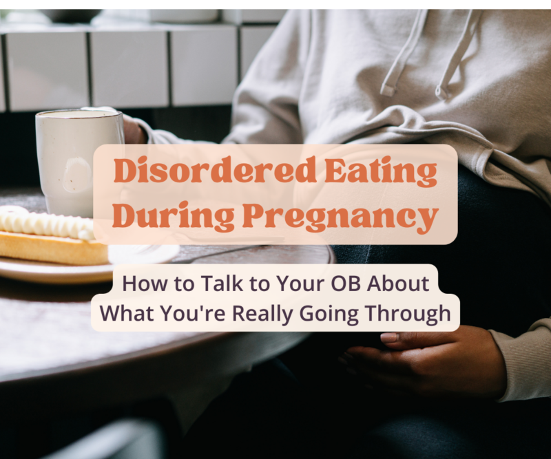 disordered eating during pregnancy - pregnant person sitting down next to a baked good at a cafe